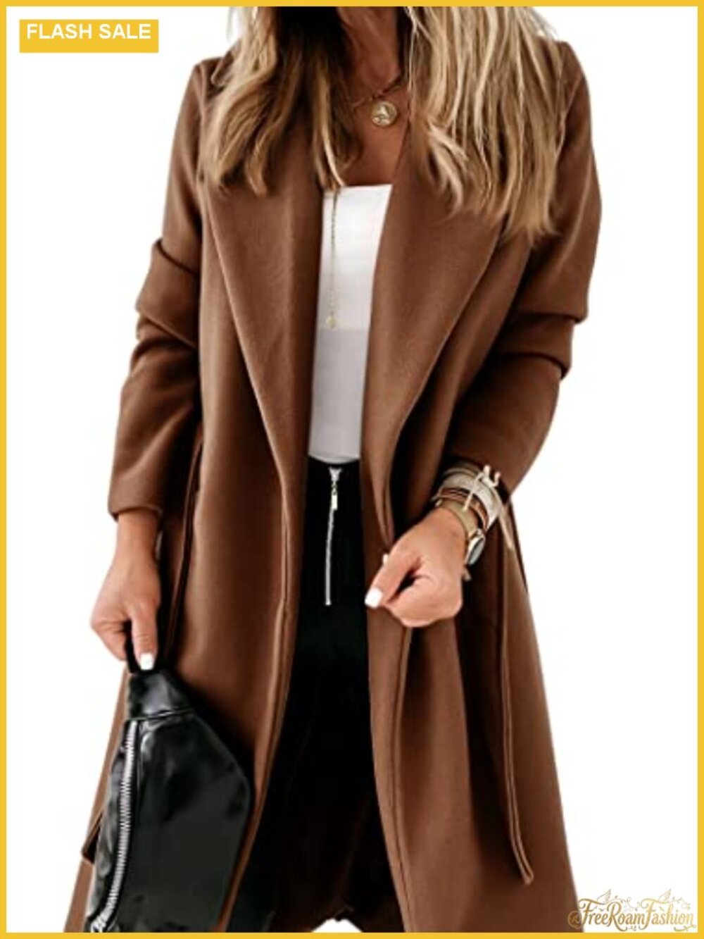 Women's Classic Long Pea Coat with Belted Waist